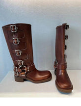 Women's Retro Brown Belt Buckle Round Head High-BS00992-Veeddydropshipping